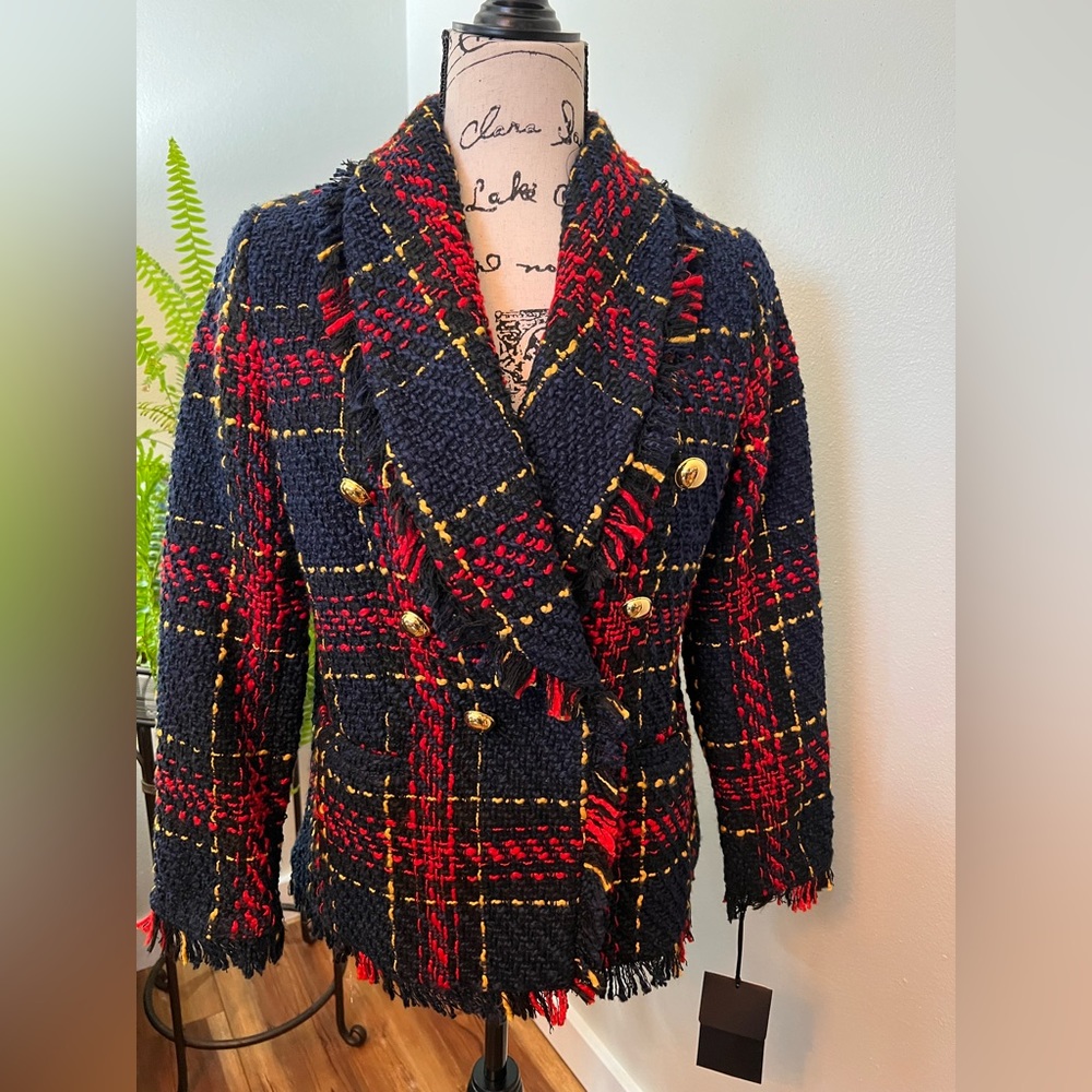 NWT Halogen blue with red and yellow, plaid blazer with buttons